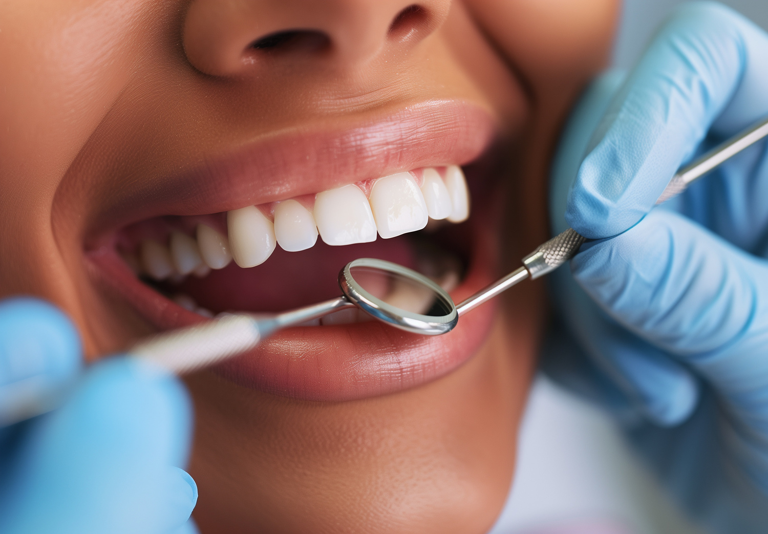A woman smiles as a dentist cleans her teeth using a periodontal mirror and probe in a clinical setting.
