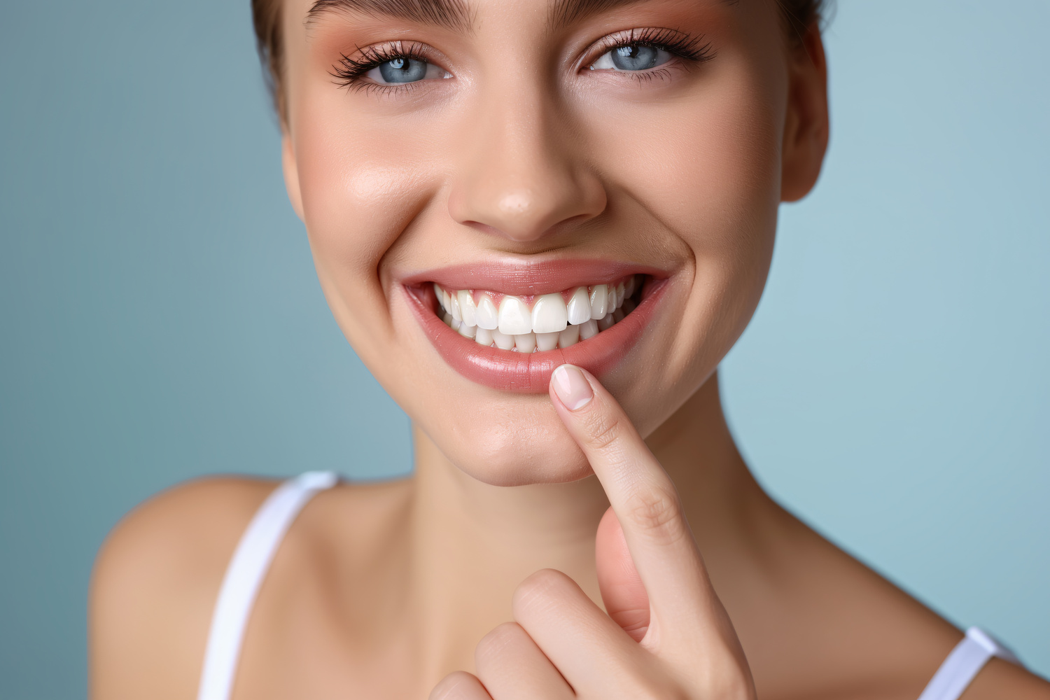 Whitening dental clinic, smiling girl, whitening procedure, satisfied woman sitting, professional doctor fixing teeth, dental consultation, dentist showing, healthy teeth, teeth cleaning.