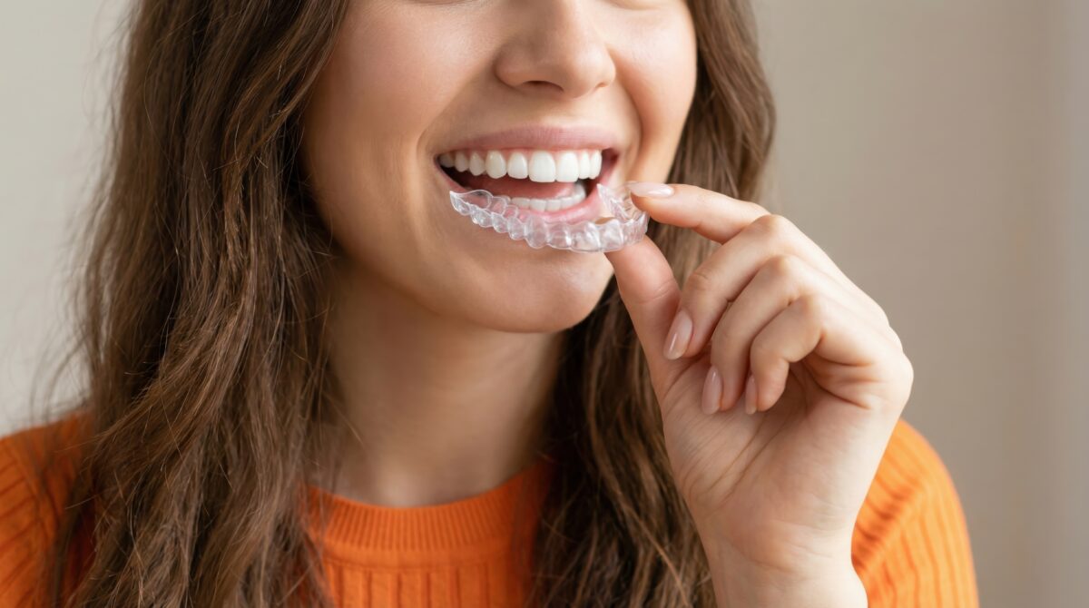 Female patient using invisible braces, dental care routine for straight smile, transparent retainers held by hand, health concept