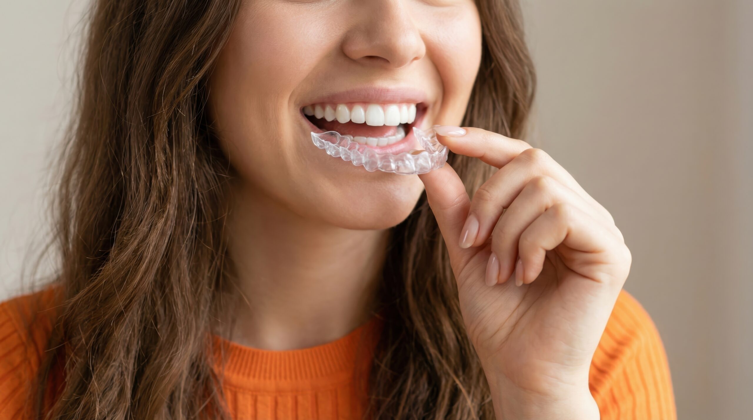 Female patient using invisible braces, dental care routine for straight smile, transparent retainers held by hand, health concept