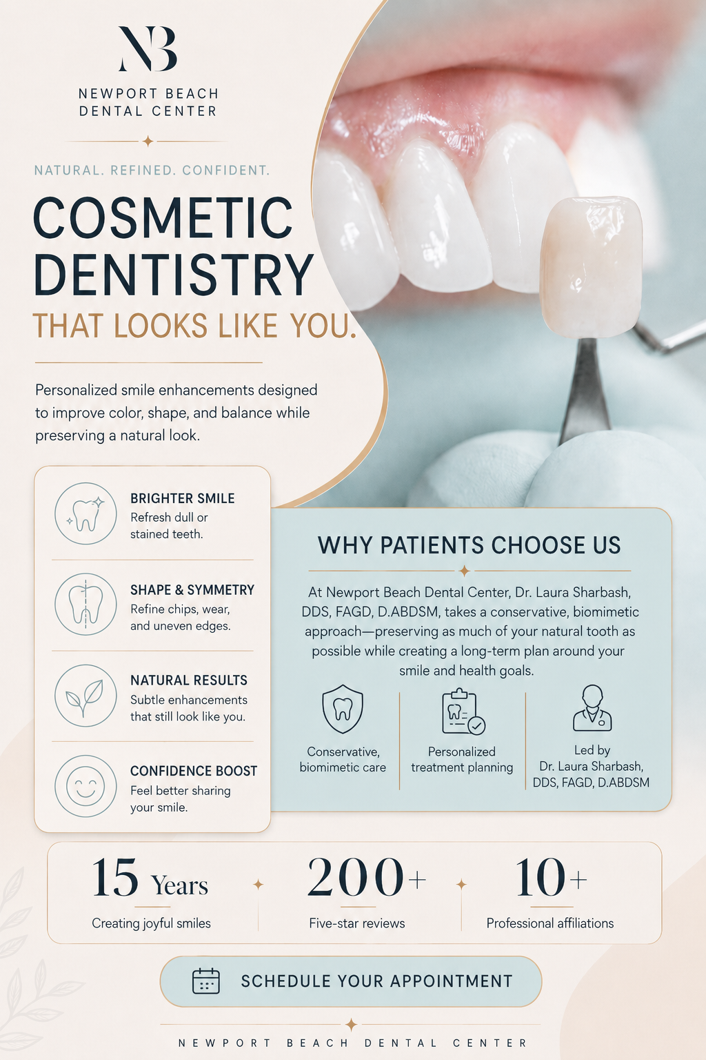 Infographic for Newport Beach Dental Center about cosmetic dentistry featuring a close-up of a porcelain veneer and front teeth. The graphic highlights brighter smiles, improved shape and symmetry, natural-looking results, confidence, patient-focused care, provider credentials, and a schedule-your-appointment call to action in a clean cream, gold, and icy blue branded design.